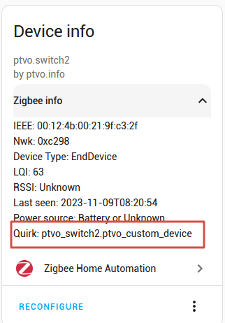 Zigbee device with custom quirk