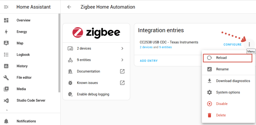 Reloading ZHA add-on